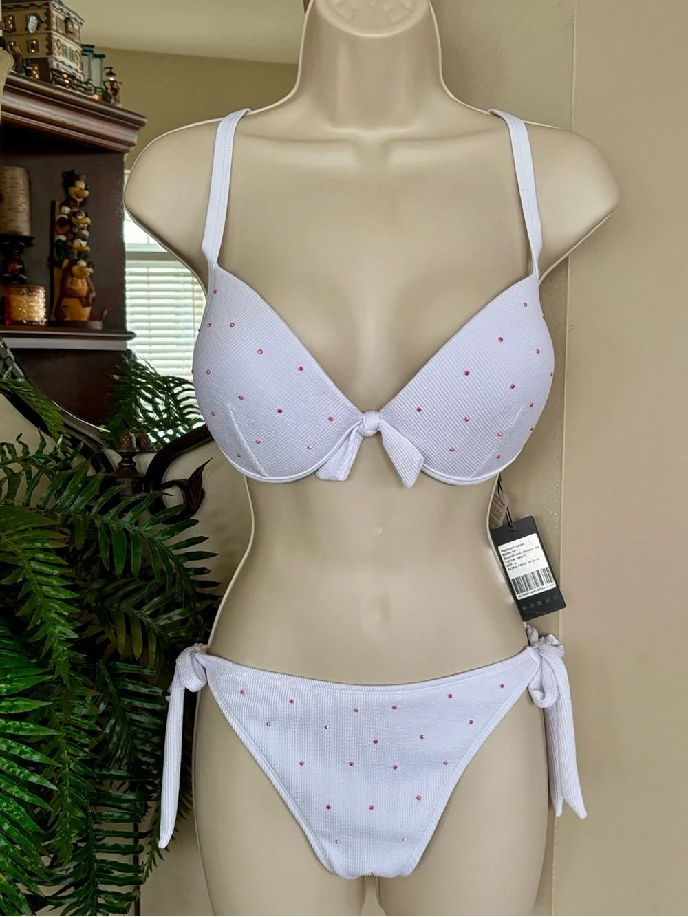 NWT White & Pink Studded Embellished Bikini High Cut 2-Piece Swim Push Up Bra
